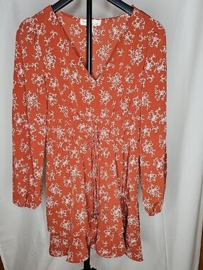 BeBop Rust Floral Long Sleeve Tie-Waist Dress
